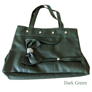 Women's Dark Green Faux Leather Shoulder Bag w/ Bow, Silver-Toned Studs & Bling